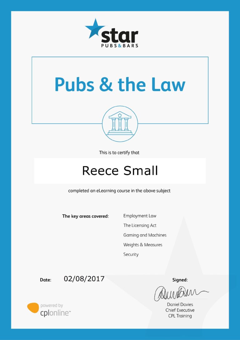 Star Pubs & Bars Certifications & Qualifications Reece Small